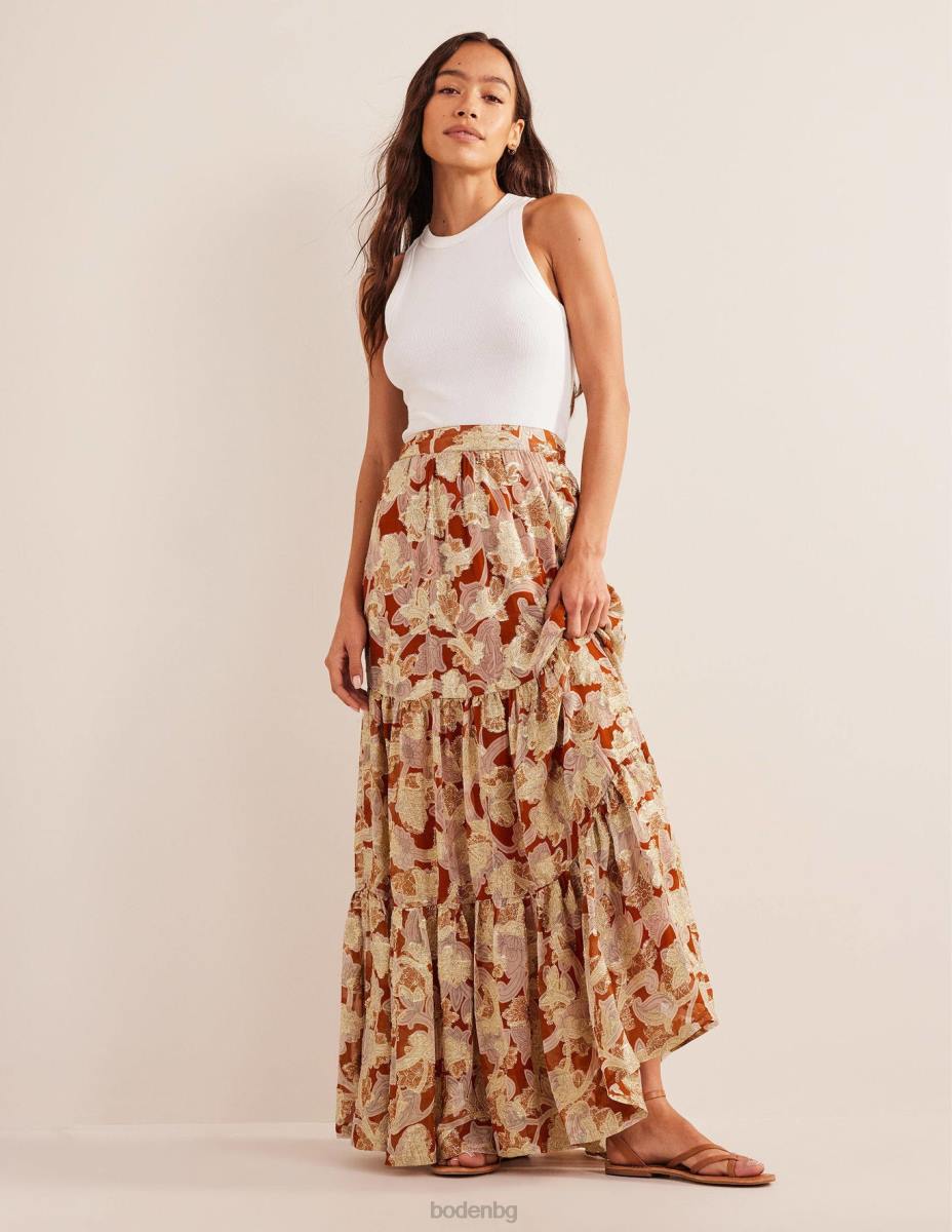 облекло Boden многослойна метална макси пола ръжда и пейсли вихър Жени LL681126