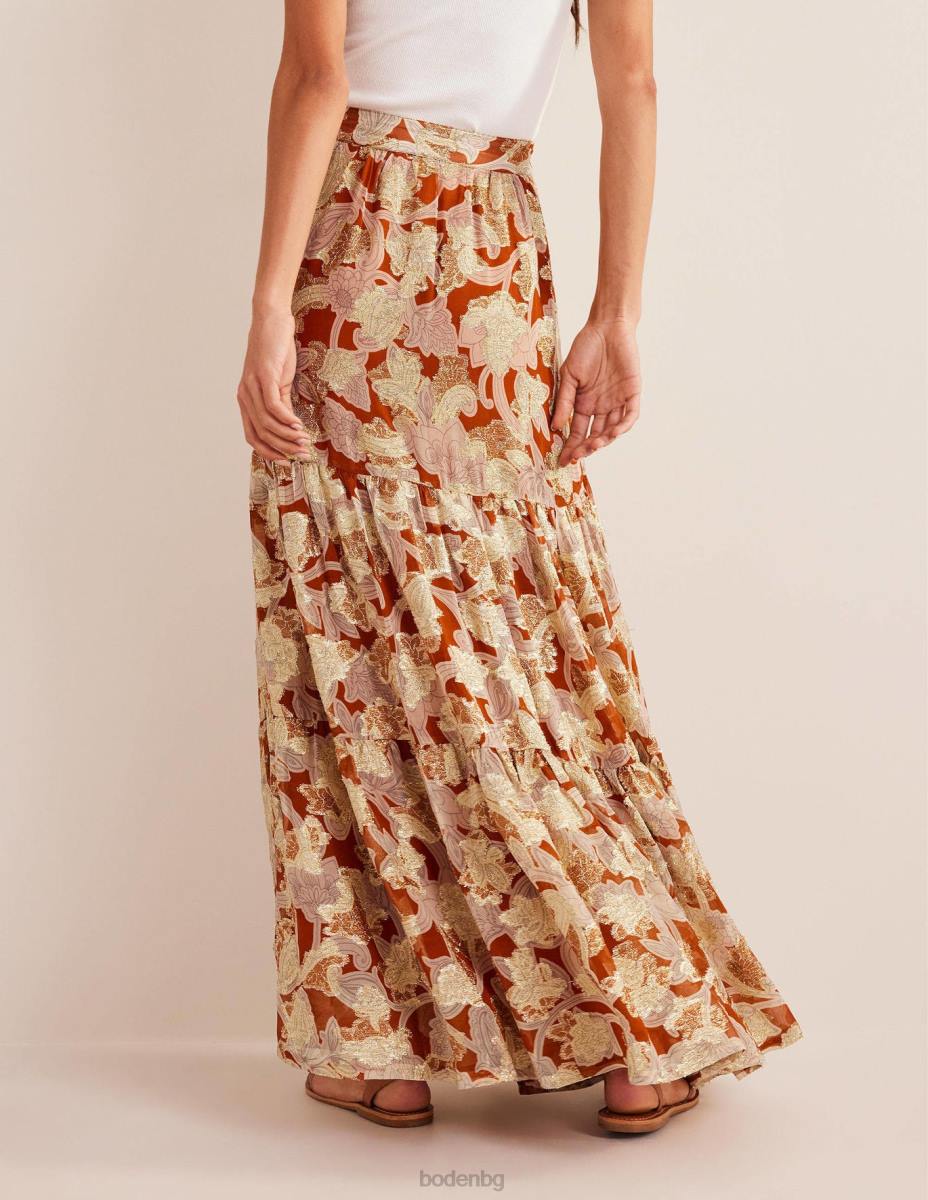 облекло Boden многослойна метална макси пола ръжда и пейсли вихър Жени LL681126