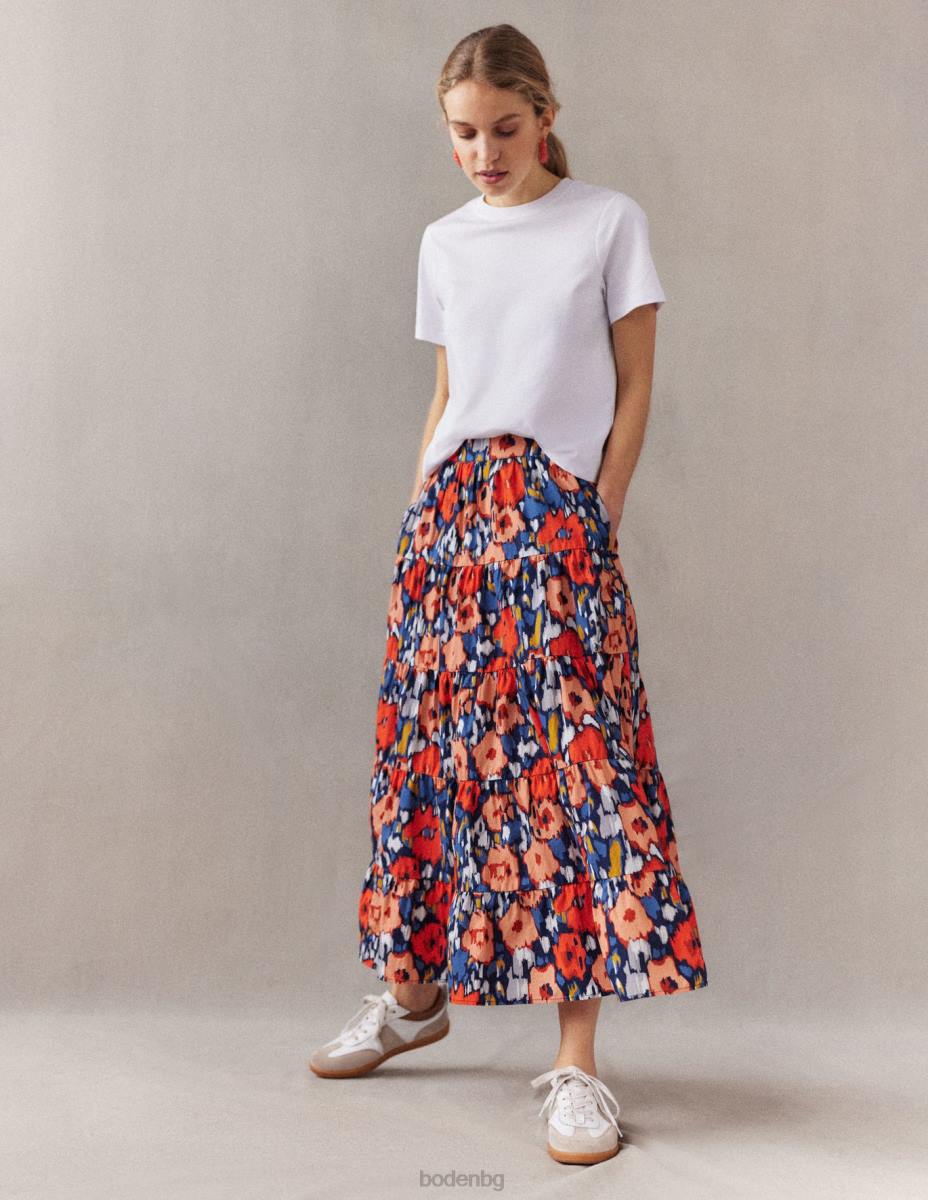 облекло Boden многослойна миди пола от поплин тъмносин и голям абстрактен мак Жени LL681516