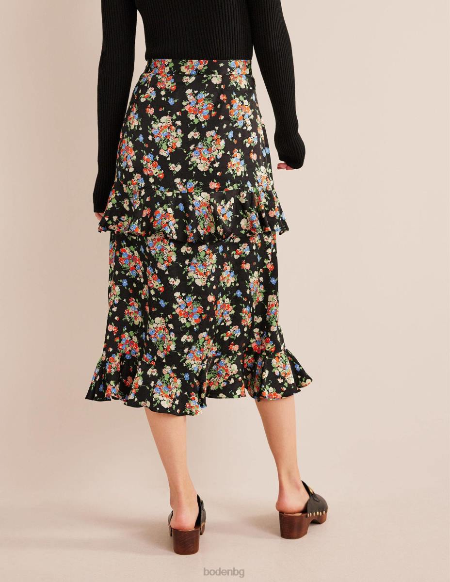 облекло Boden сатенена миди пола с волани черен и див клъстер Жени LL682129