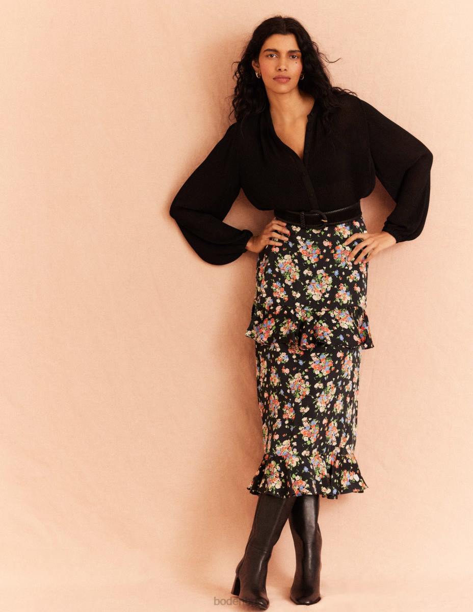 облекло Boden сатенена миди пола с волани черен и див клъстер Жени LL682129