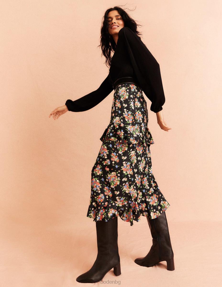 облекло Boden сатенена миди пола с волани черен и див клъстер Жени LL682129