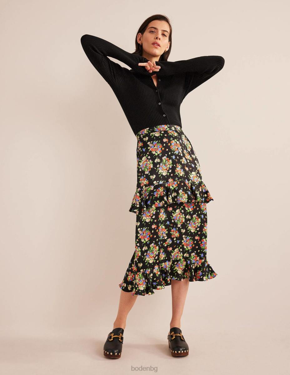 облекло Boden сатенена миди пола с волани черен и див клъстер Жени LL682129