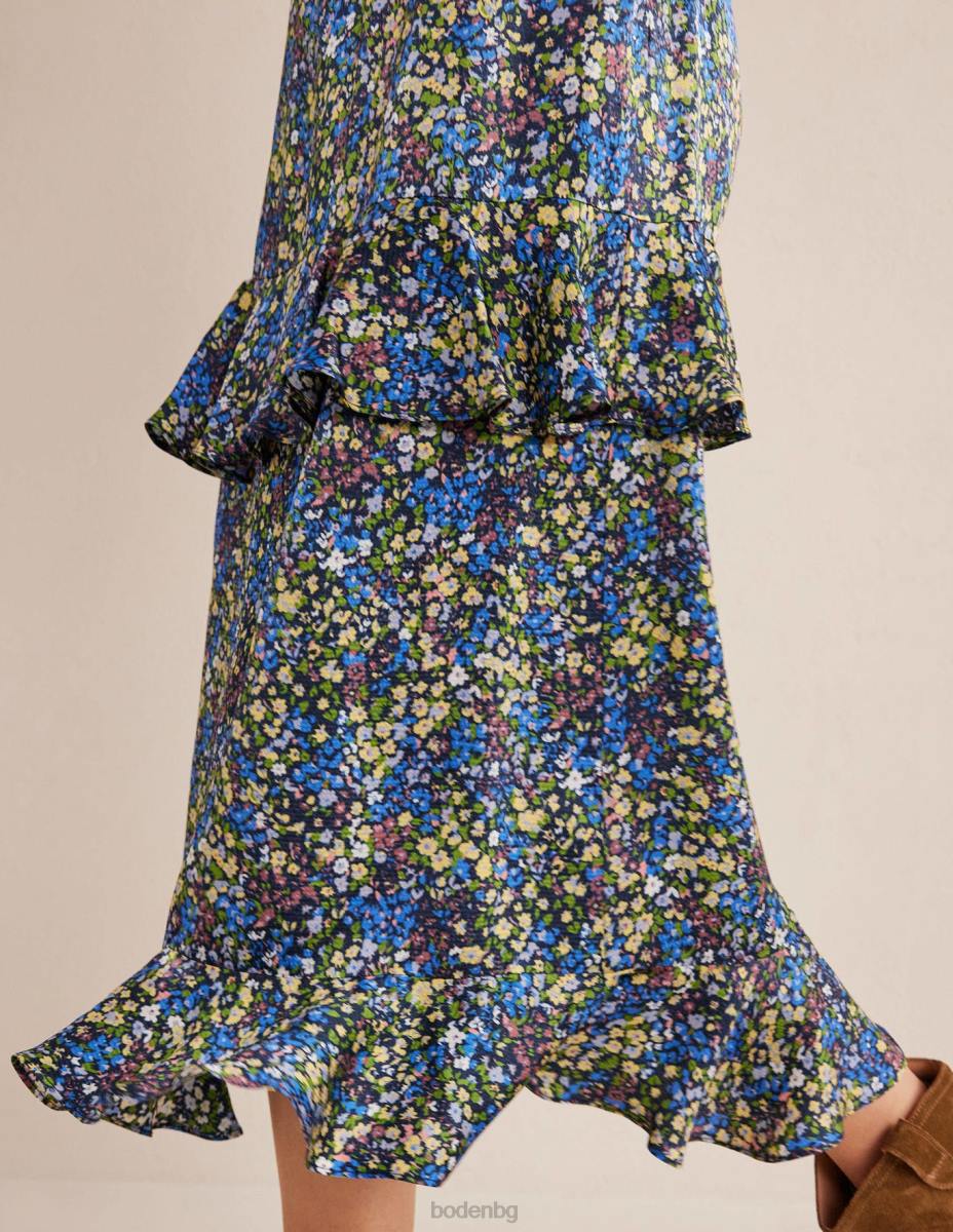 облекло Boden сатенена миди пола с волани сини мъглявини и венчелистче от гетдения Жени LL682512