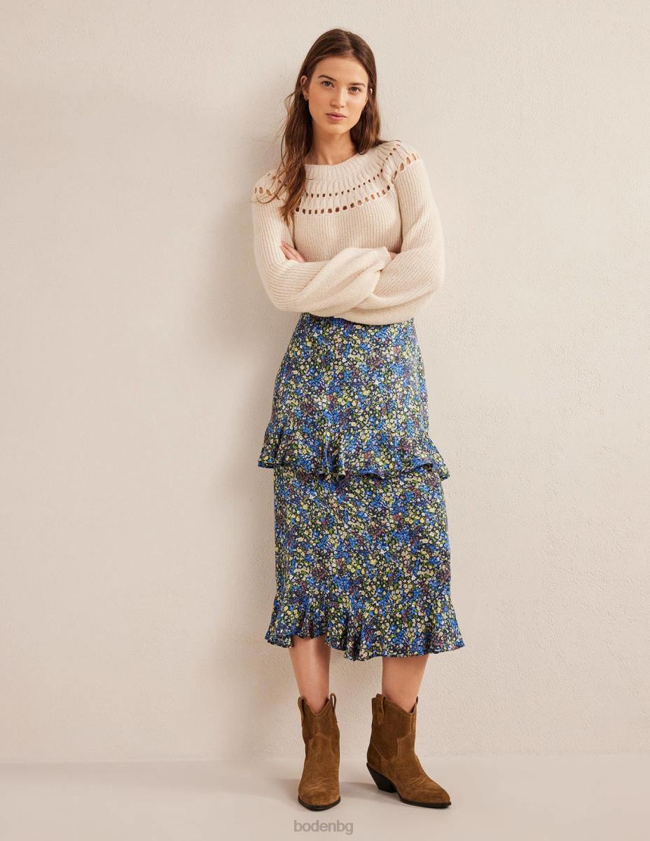 облекло Boden сатенена миди пола с волани сини мъглявини и венчелистче от гетдения Жени LL682512