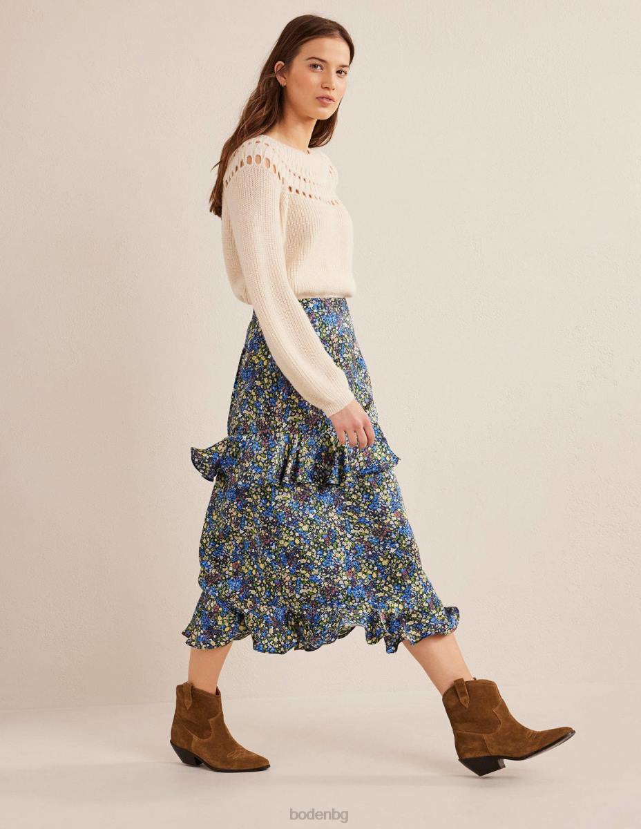 облекло Boden сатенена миди пола с волани сини мъглявини и венчелистче от гетдения Жени LL682512