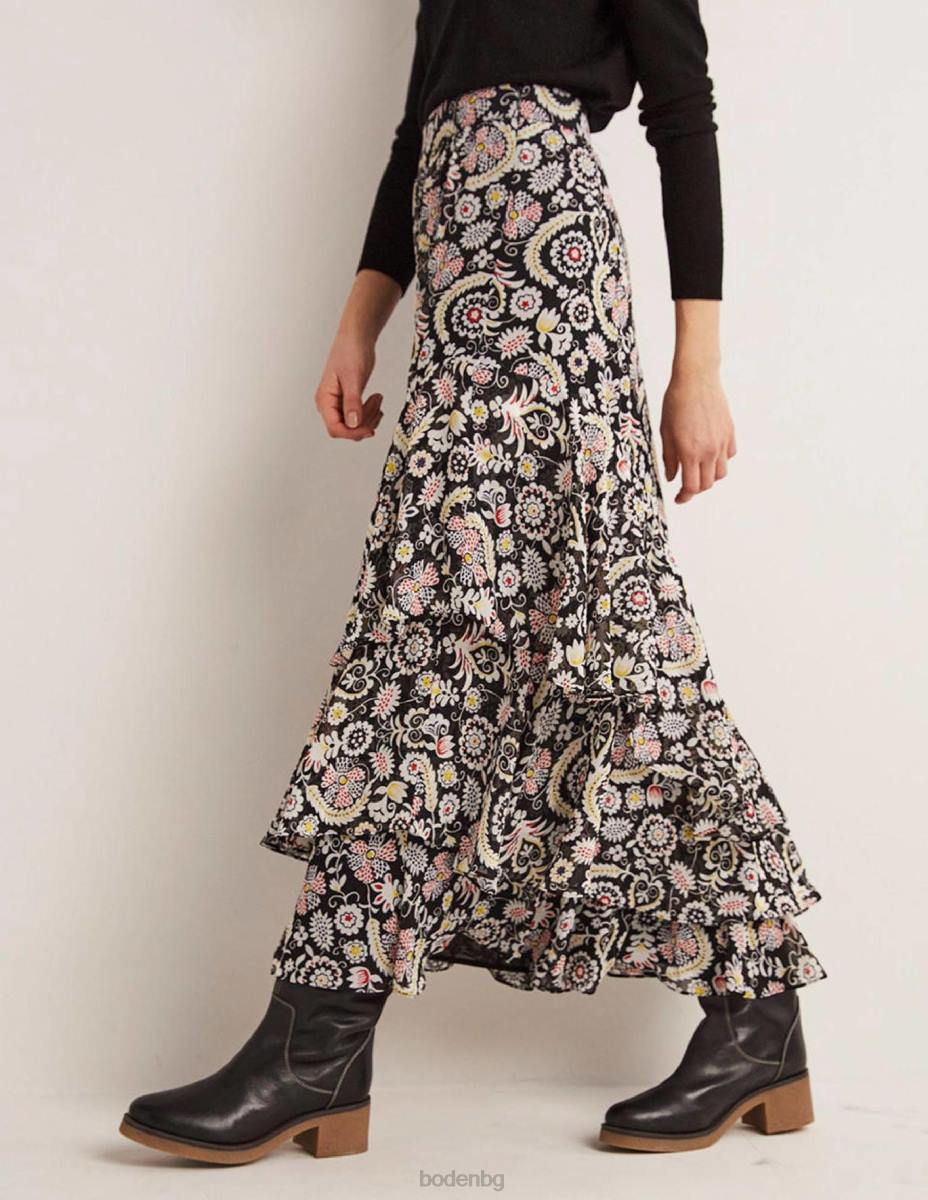 облекло Boden макси пола с множество волани черен и тропически чар Жени LL682562
