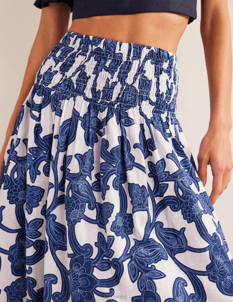 облекло Boden ленена миди пола с набраздена талия синя панделка и пейсли вихър Жени LL682575