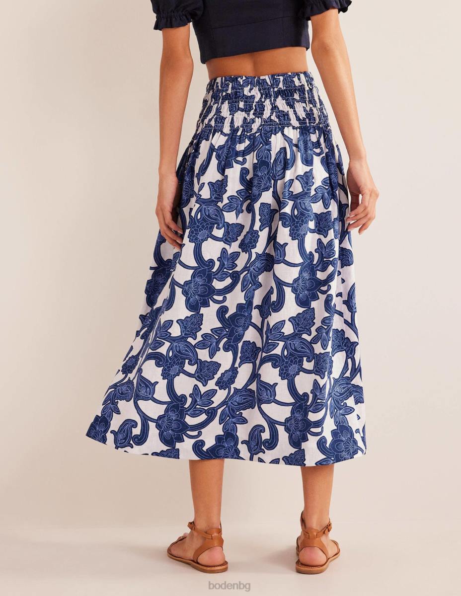 облекло Boden ленена миди пола с набраздена талия синя панделка и пейсли вихър Жени LL682575