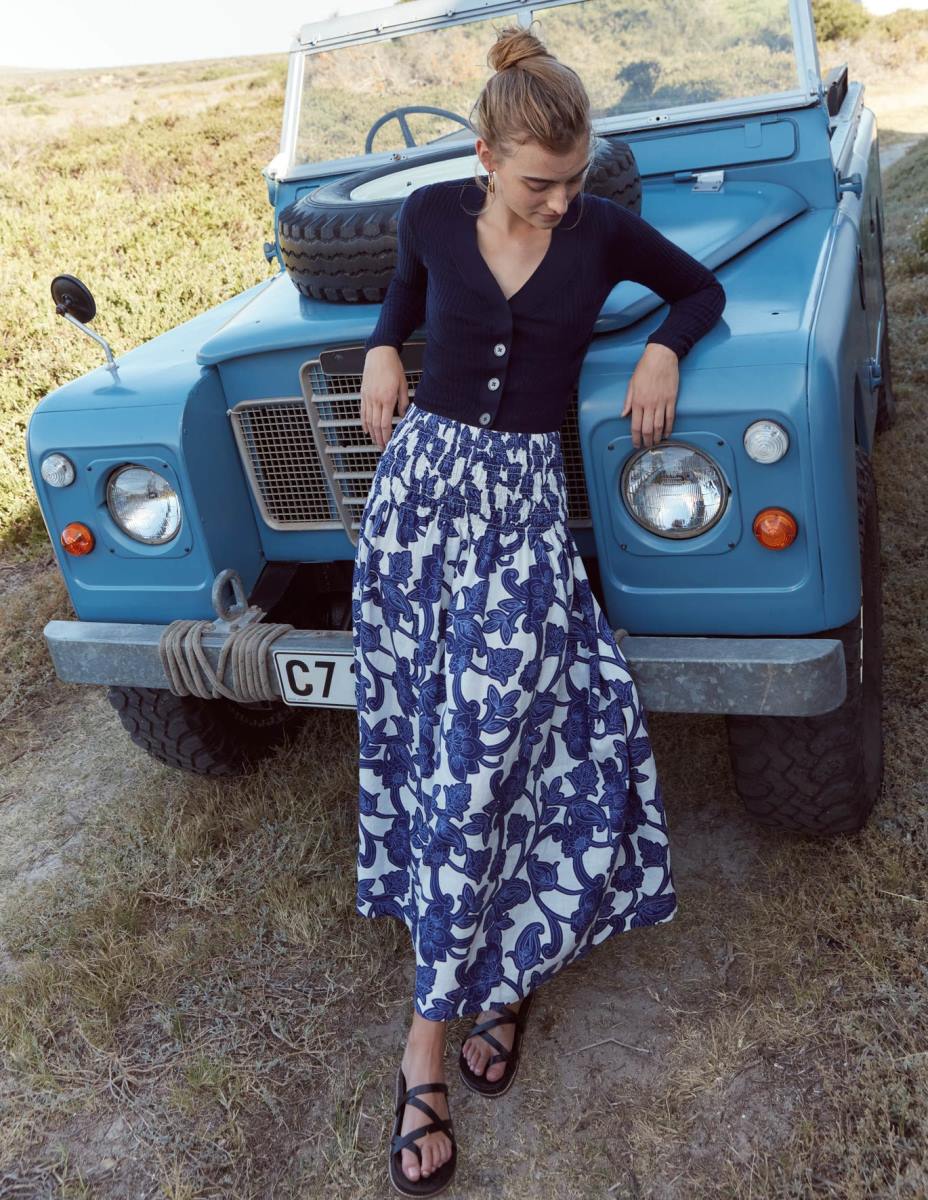 облекло Boden ленена миди пола с набраздена талия синя панделка и пейсли вихър Жени LL682575