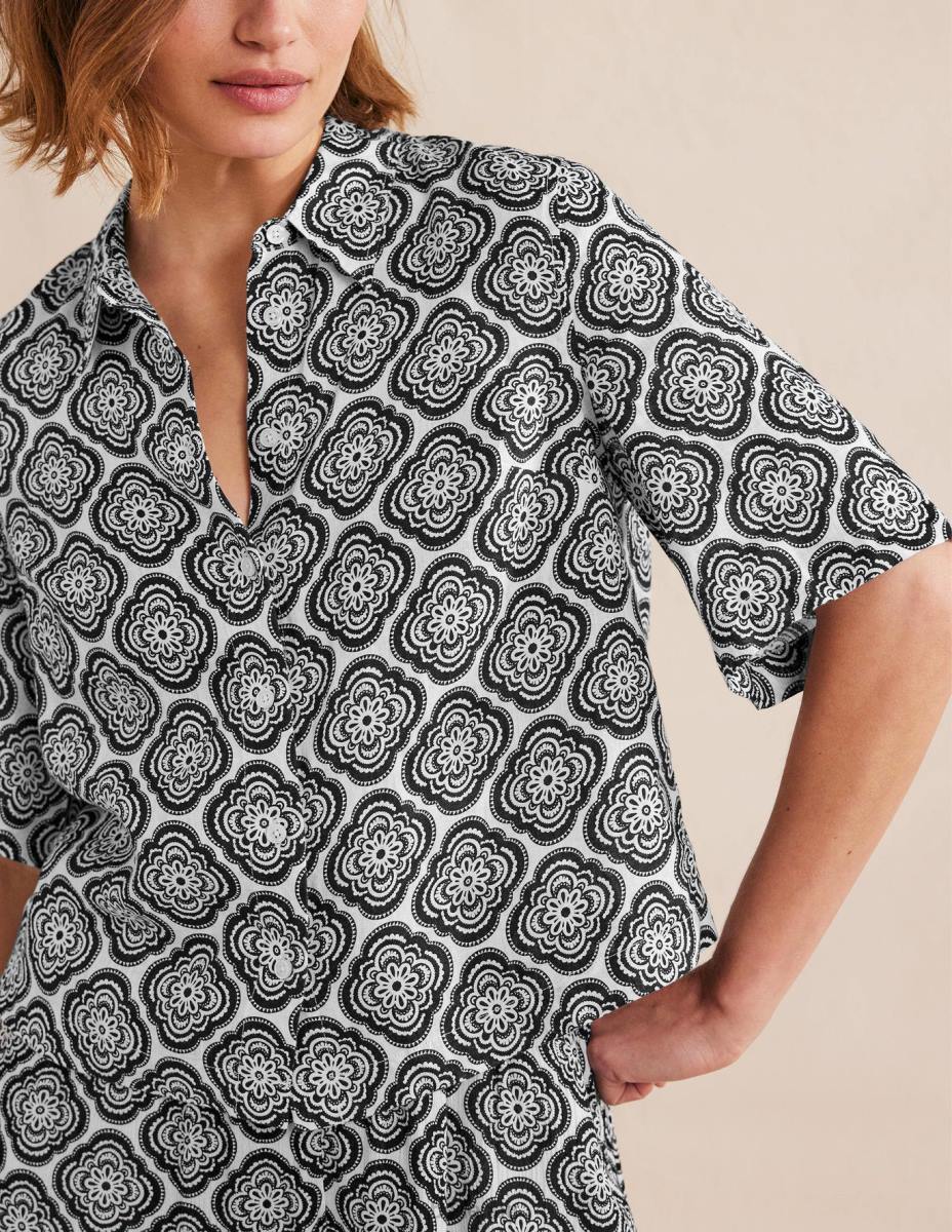 облекло Boden ленена риза с къс ръкав черен и растителен руж Жени LL681101