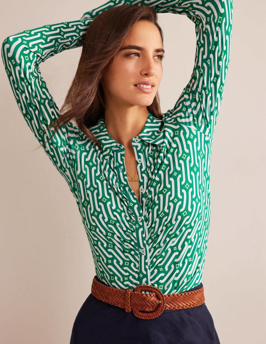 облекло Boden тениска с щампа ярко изумрудено и лазурно гео Жени LL681189