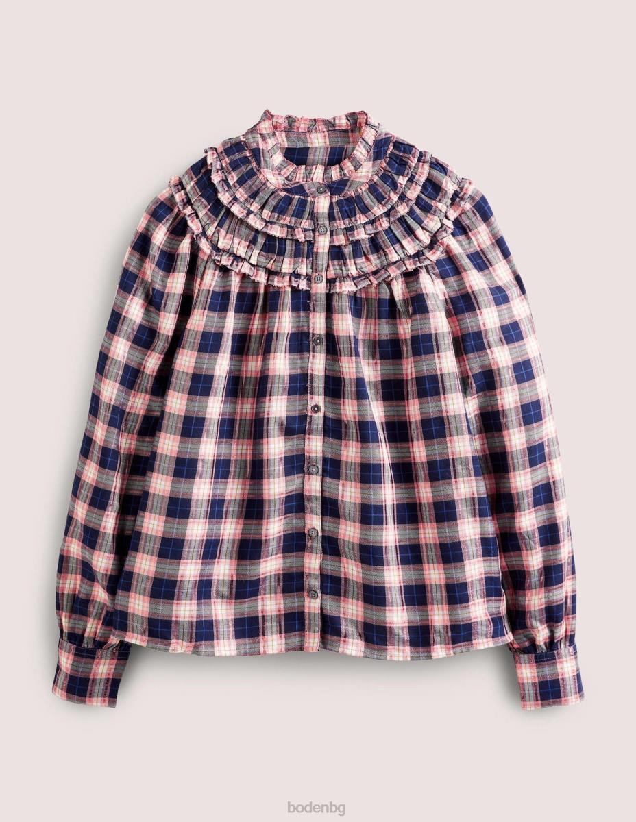 облекло Boden риза с волани с висока яка тъмносиньо и медно каре с лурекс Жени LL681959