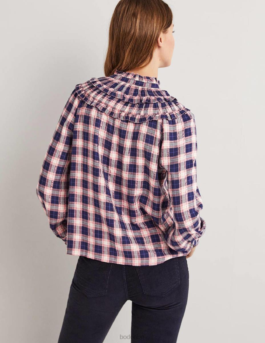 облекло Boden риза с волани с висока яка тъмносиньо и медно каре с лурекс Жени LL681959