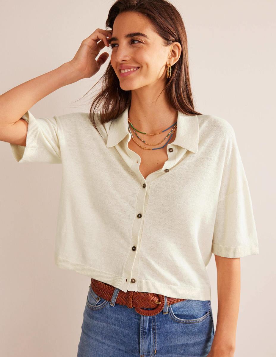 облекло Boden ленена плетена риза с яка топла слонова кост Жени LL682277