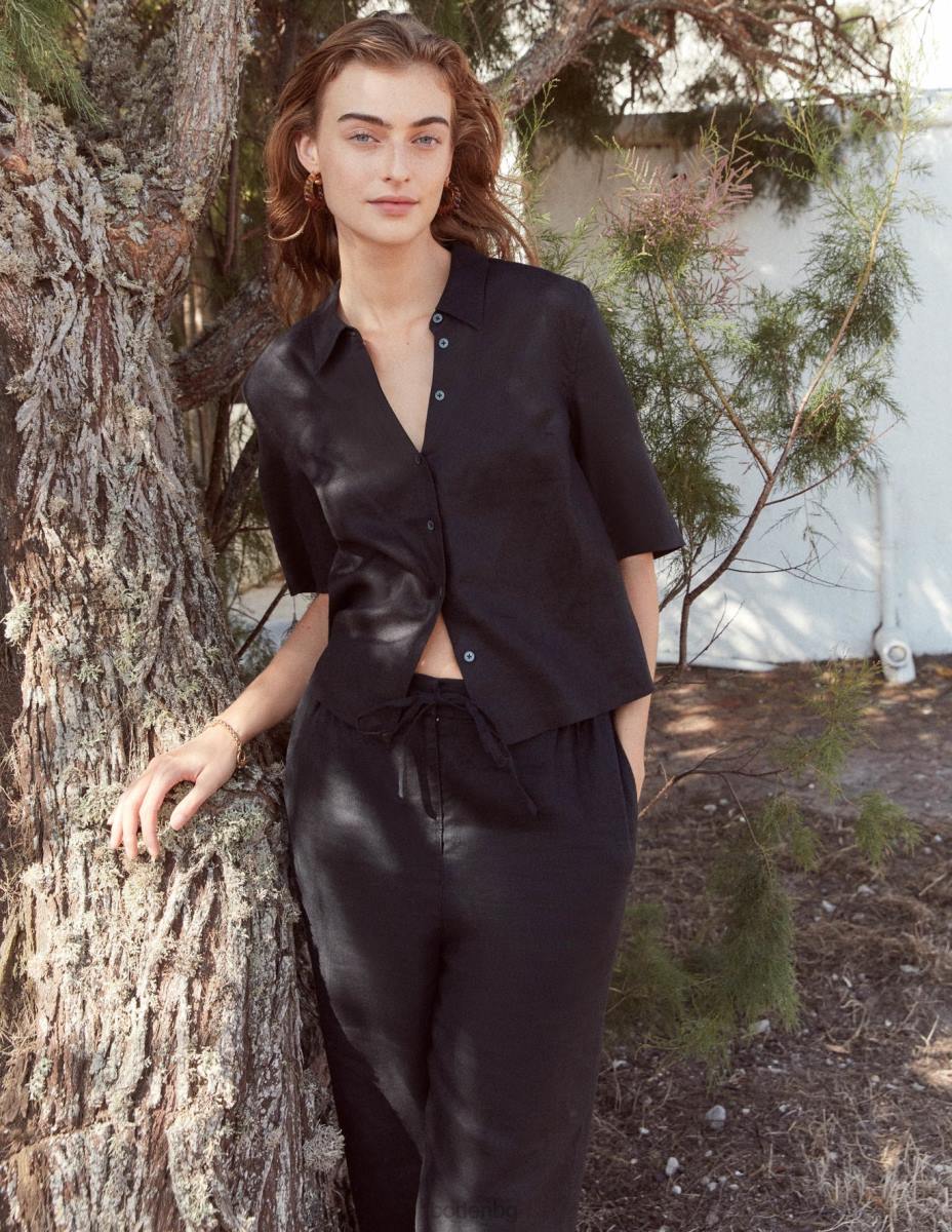 облекло Boden ленена риза с къс ръкав черен Жени LL682510