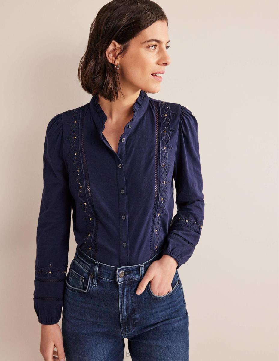 облекло Boden бродирана риза от трико военноморски флот Жени LL682534