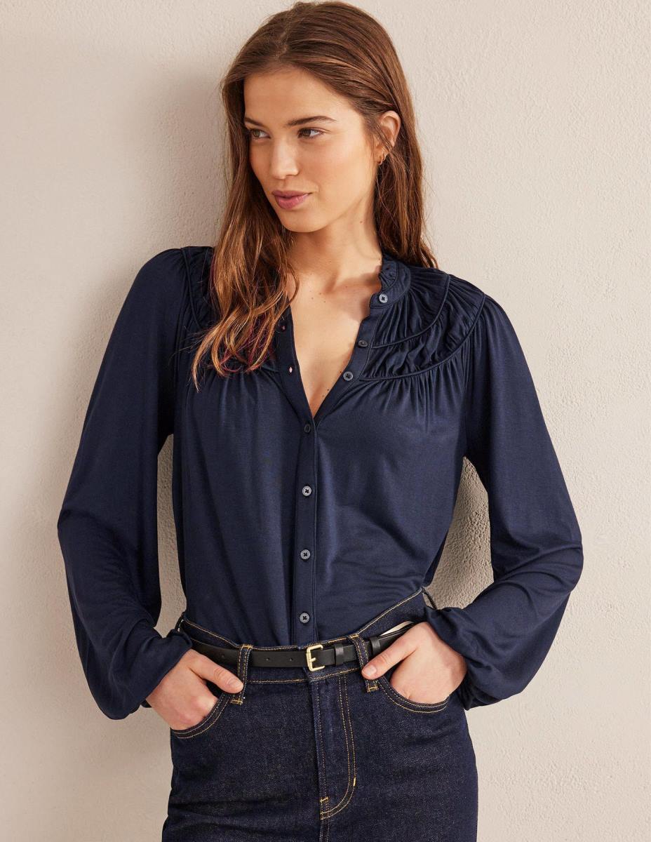 облекло Boden риза от джърси с нагъната форма военноморски флот Жени LL682578