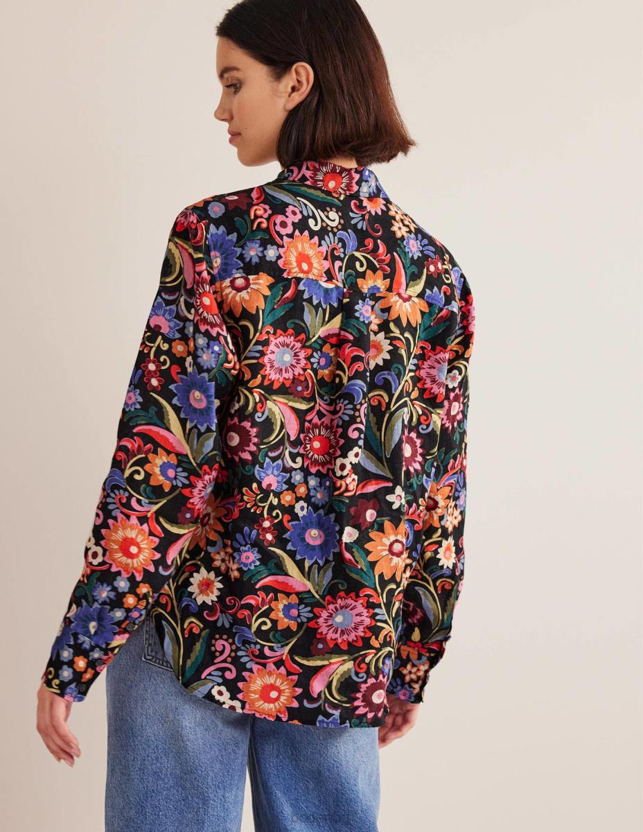 облекло Boden нова ленена риза черно и гардения поп Жени LL682592