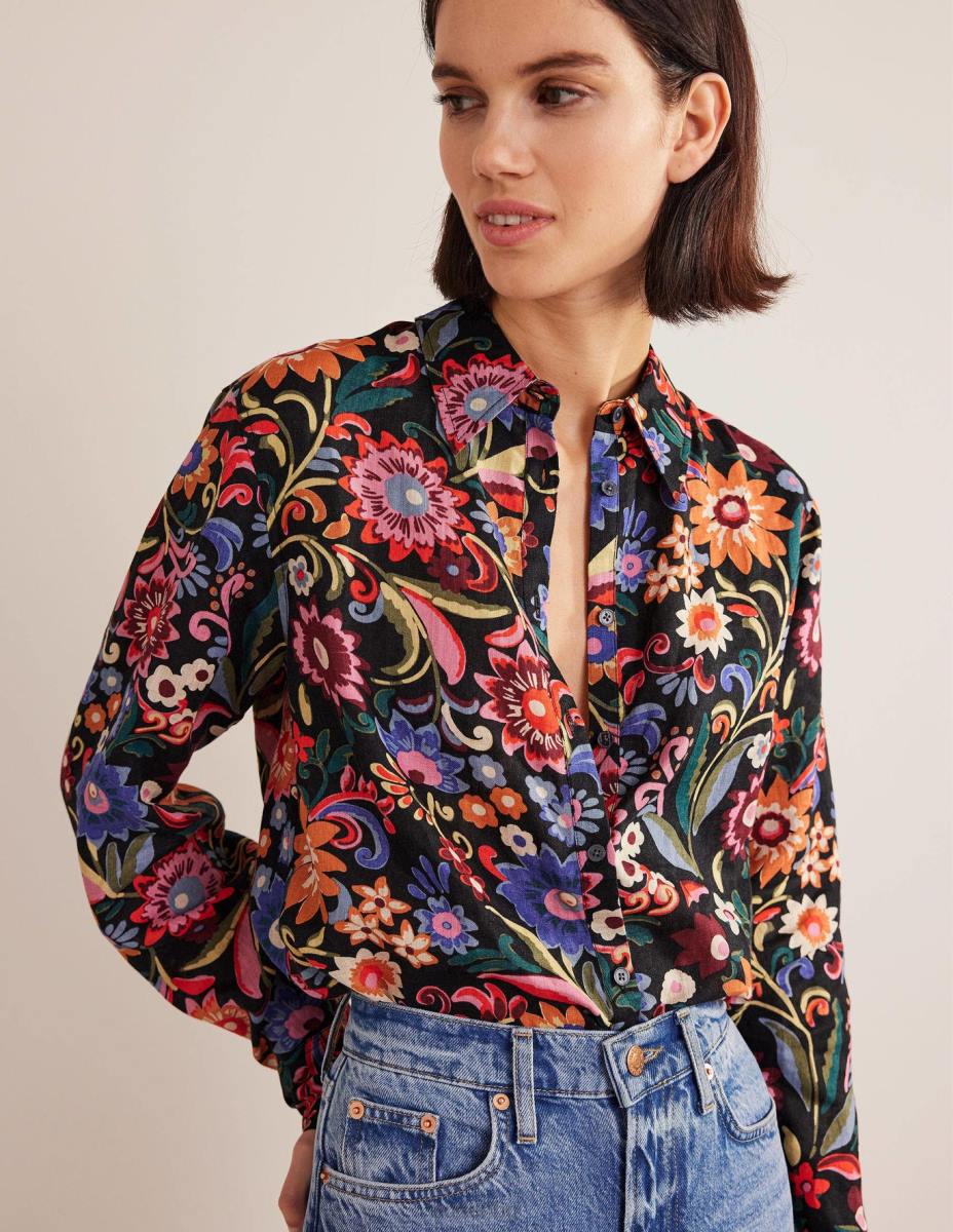 облекло Boden нова ленена риза черно и гардения поп Жени LL682592