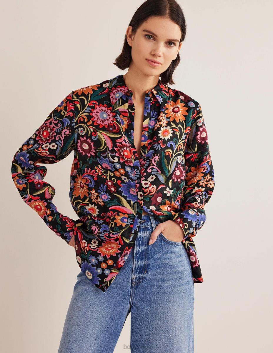 облекло Boden нова ленена риза черно и гардения поп Жени LL682592