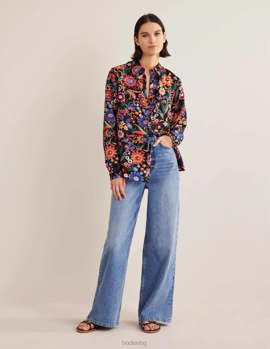 облекло Boden нова ленена риза черно и гардения поп Жени LL682592