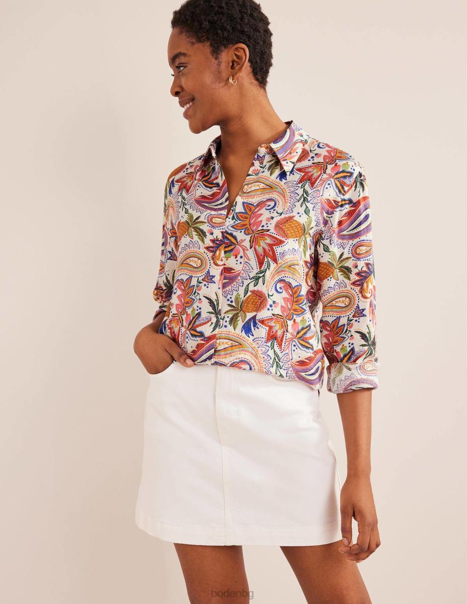облекло Boden нова ленена риза мулти & рай пейсли Жени LL682614