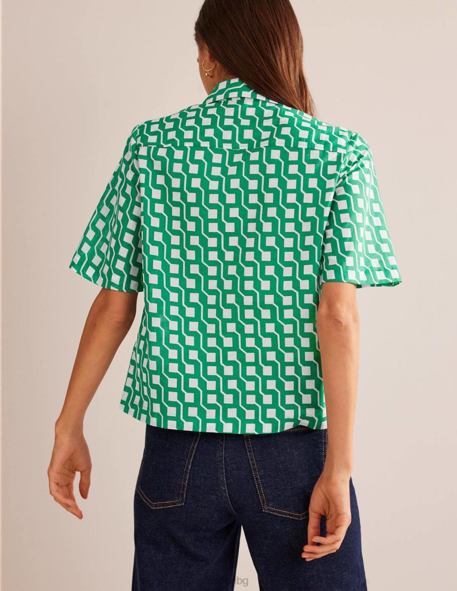 облекло Boden памучна риза с къс ръкав ярък изумруд и куб гео Жени LL68315