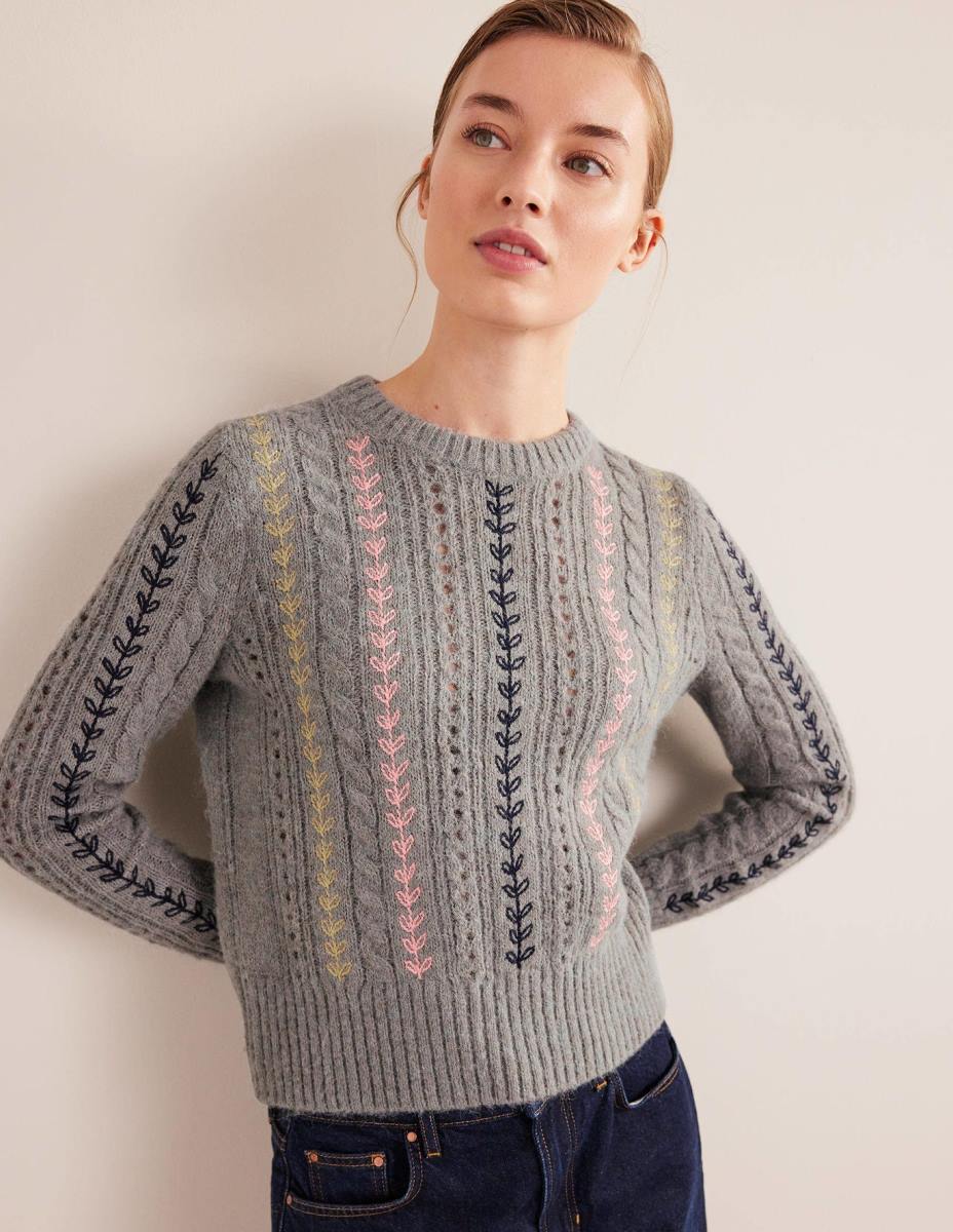 облекло Boden пухкав джъмпер с бродерия на кабел сив меланж Жени LL681409