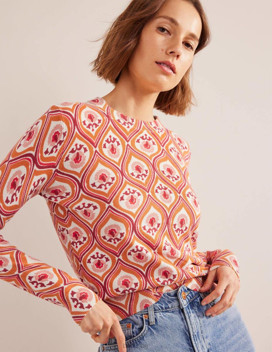 облекло Boden щампован пуловер с висока яка кумкуат и гео каскада Жени LL681486