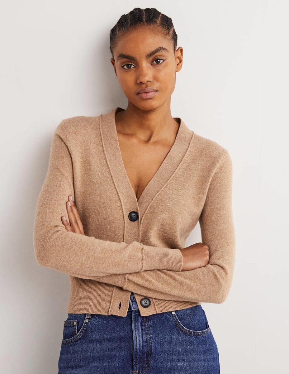 облекло Boden изрязана жилетка от кашмир камилски меланж Жени LL681610