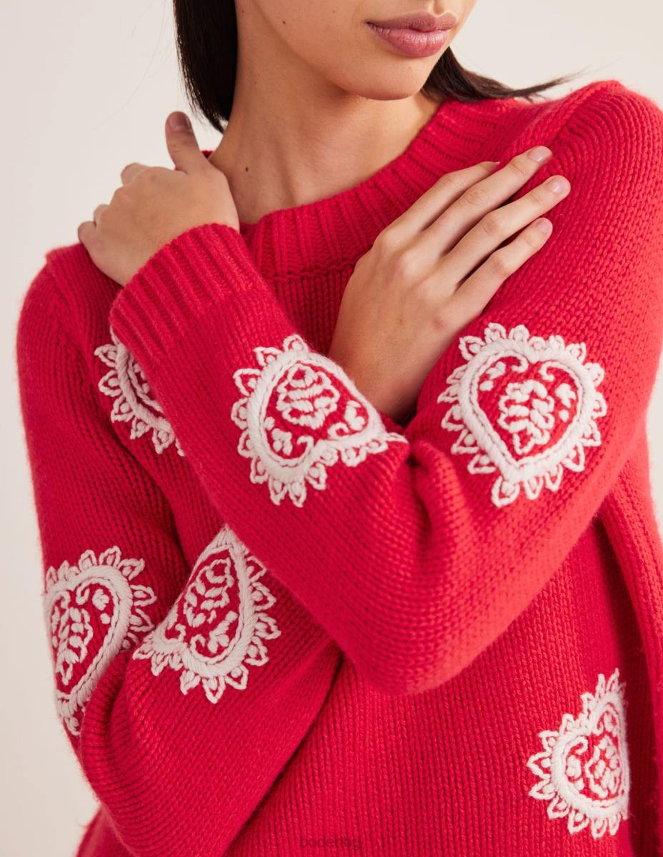 облекло Boden масивен бродиран пуловер ягодов тарт червен Жени LL681865