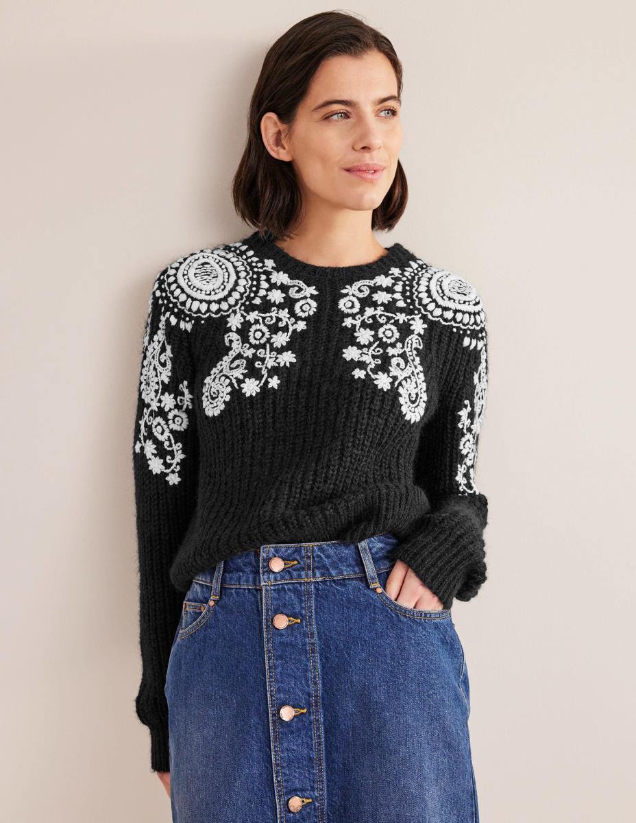 облекло Boden пухкав бродиран джъмпер бродерия черно и слонова кост Жени LL681931