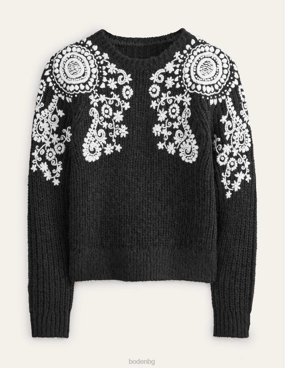 облекло Boden пухкав бродиран джъмпер бродерия черно и слонова кост Жени LL681931