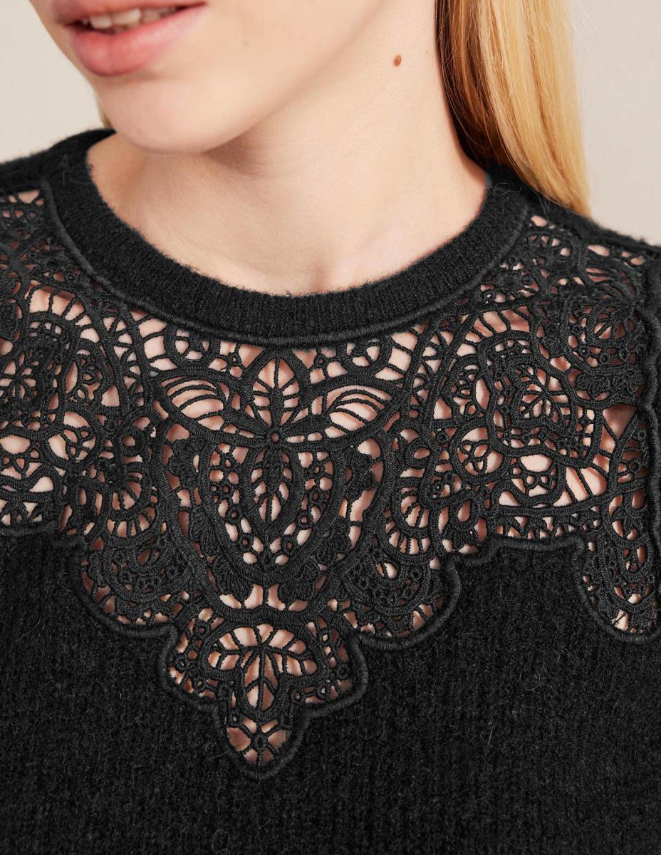 облекло Boden пухкав джъмпер с дантелен панел черен Жени LL681995