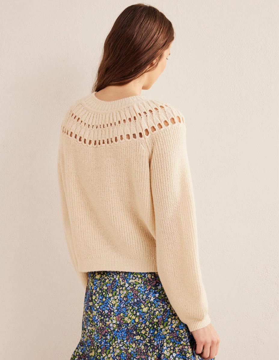 облекло Boden пухкав пуловер с волани мергел от слонова кост Жени LL682113