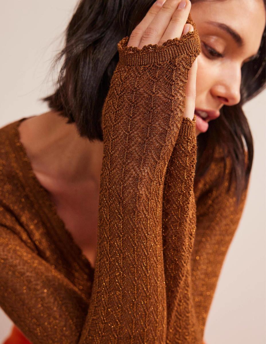 облекло Boden изрязана жилетка тип pointelle коняк бронз златен блясък Жени LL681788