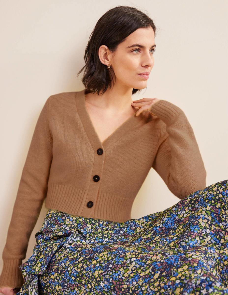 облекло Boden пухкава жилетка с v-образно деколте камилски меланж Жени LL681817