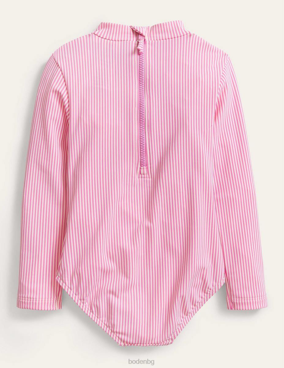 облекло Boden бански с дълъг ръкав и волани гъделичкано розово и слонова кост бебе LL683456