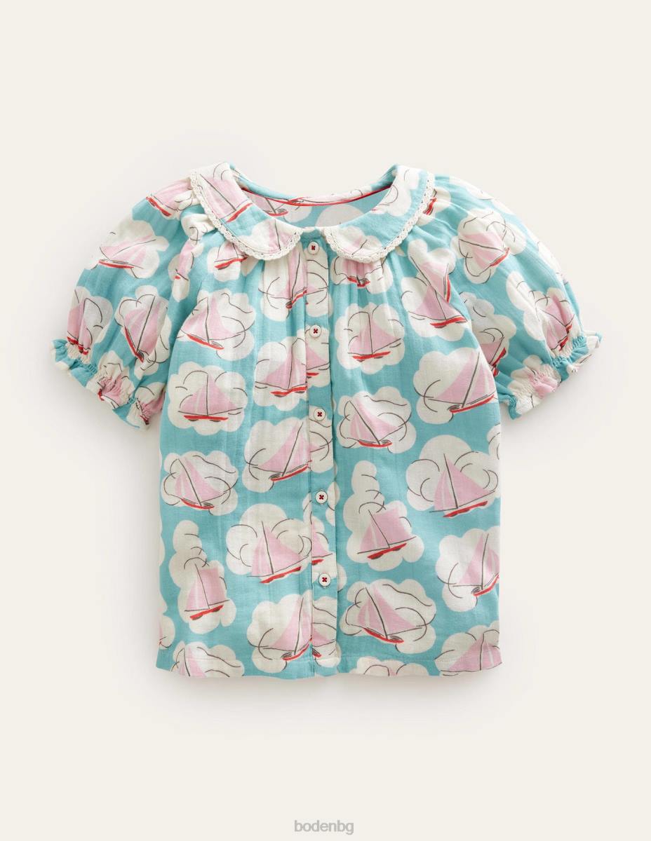 облекло Boden горна част с къс буф ръкав принт на водна лодка бебе LL683452