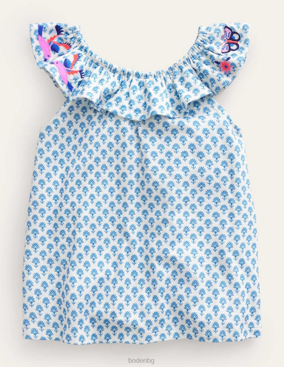 облекло Boden бродирана горна част сини дървени пеперуди бебе LL68410