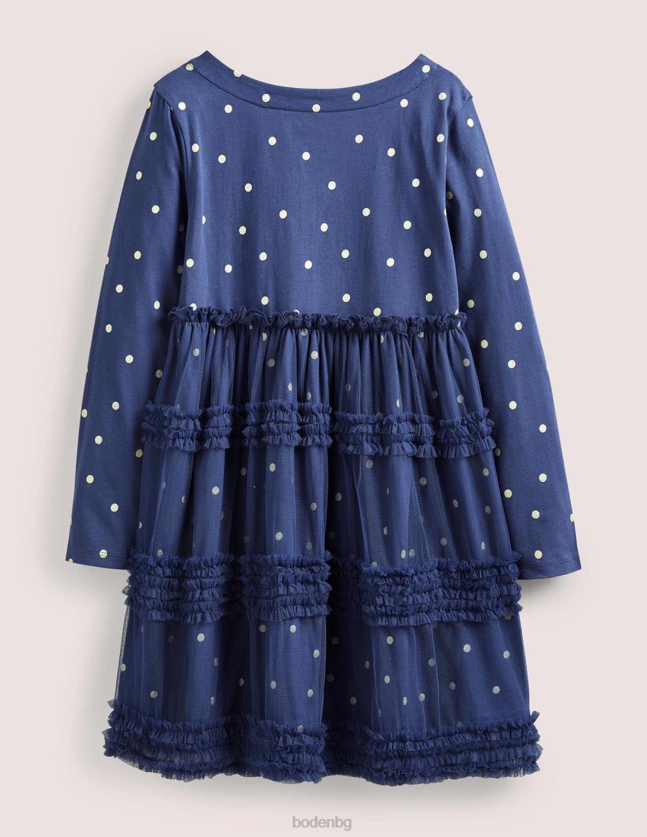 облекло Boden рокля от трико с дълъг ръкав и тюл десен борд синьо/златно петно бебе LL683387