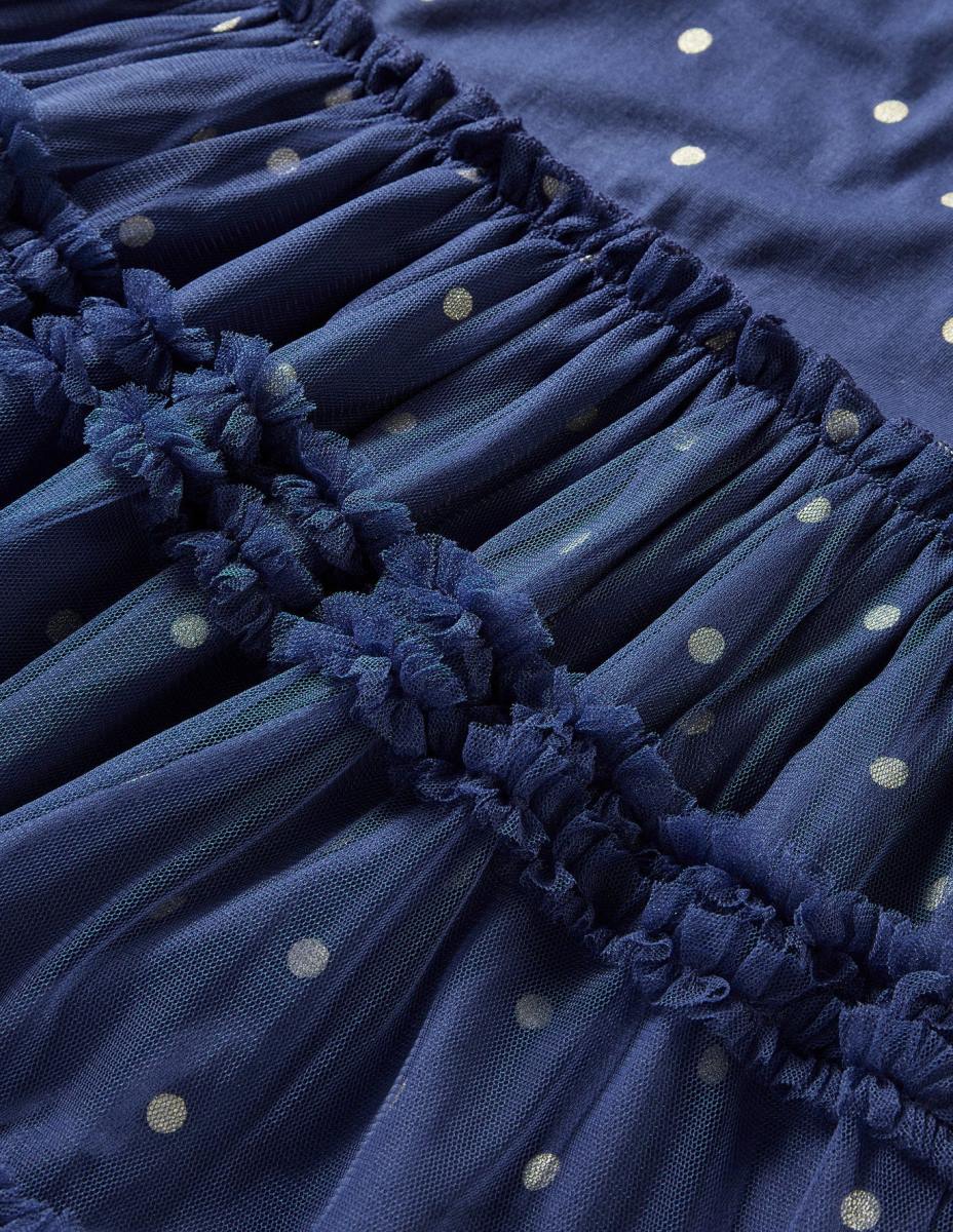 облекло Boden рокля от трико с дълъг ръкав и тюл десен борд синьо/златно петно бебе LL683387