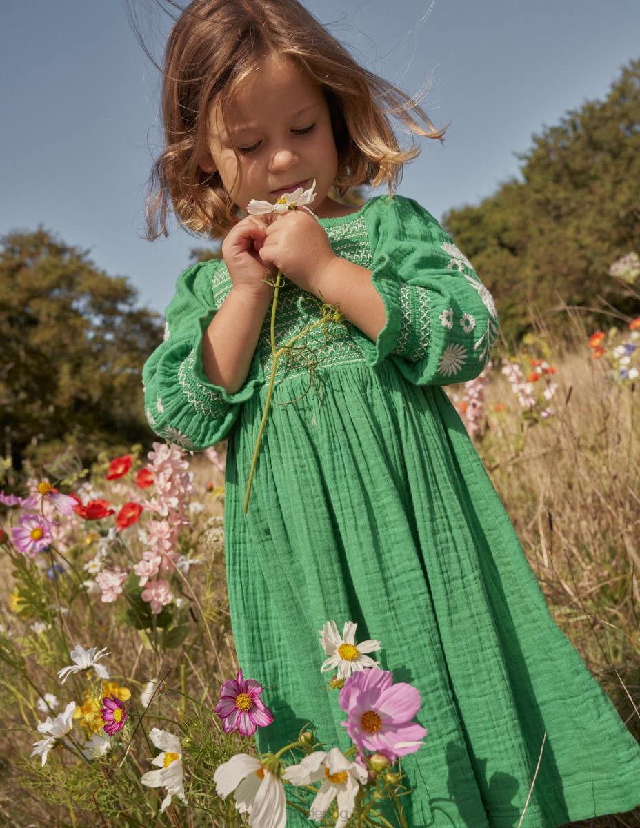 облекло Boden тъкана рокля с елече училищни зелени маргаритки бебе LL68346