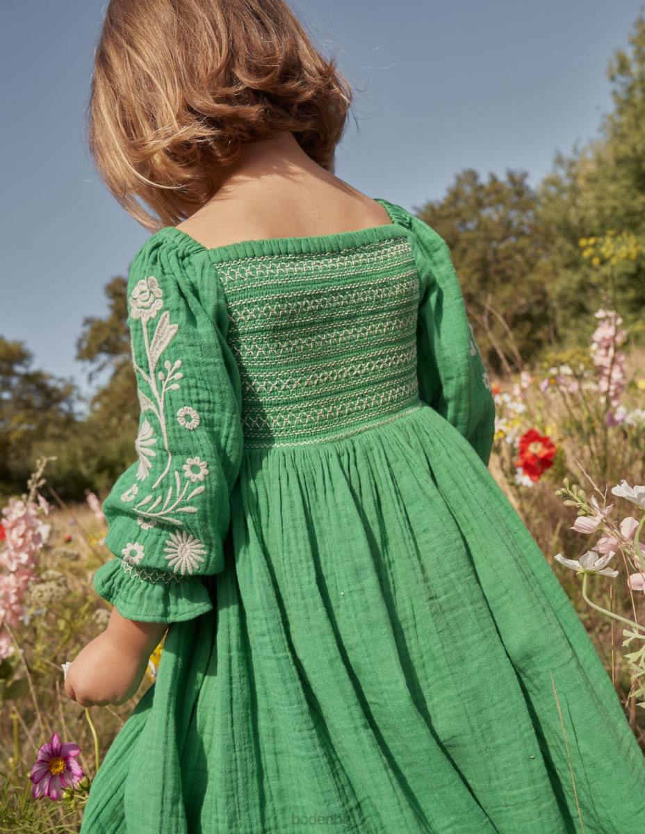 облекло Boden тъкана рокля с елече училищни зелени маргаритки бебе LL68346