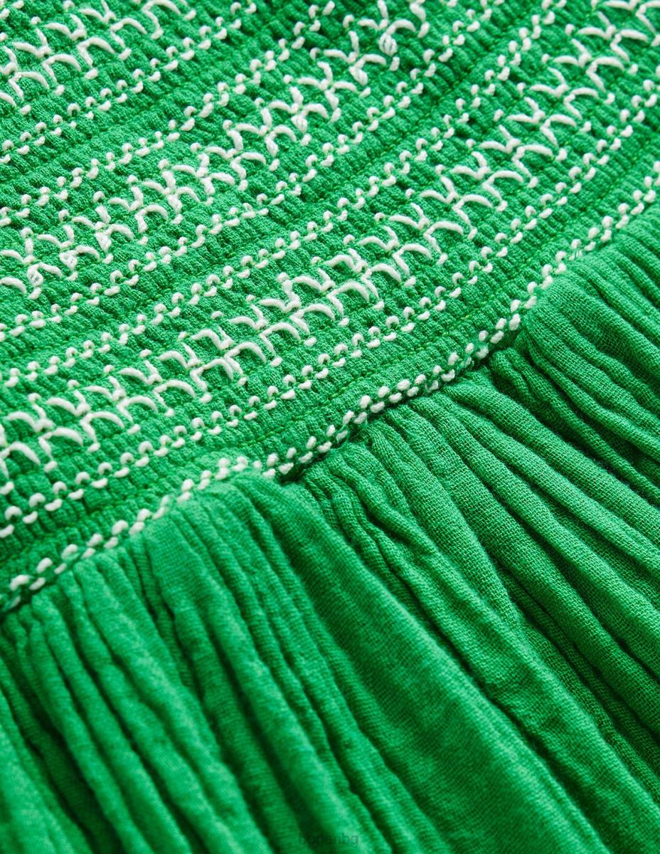 облекло Boden тъкана рокля с елече училищни зелени маргаритки бебе LL68346