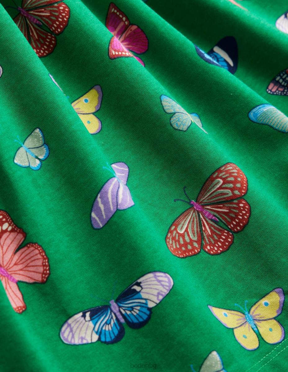 облекло Boden забавна рокля от трико с къс ръкав ливадни зелени пеперуди бебе LL68349