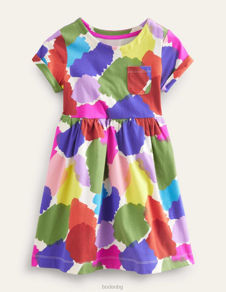облекло Boden забавна рокля от трико с къс ръкав пластир с много боя бебе LL68350