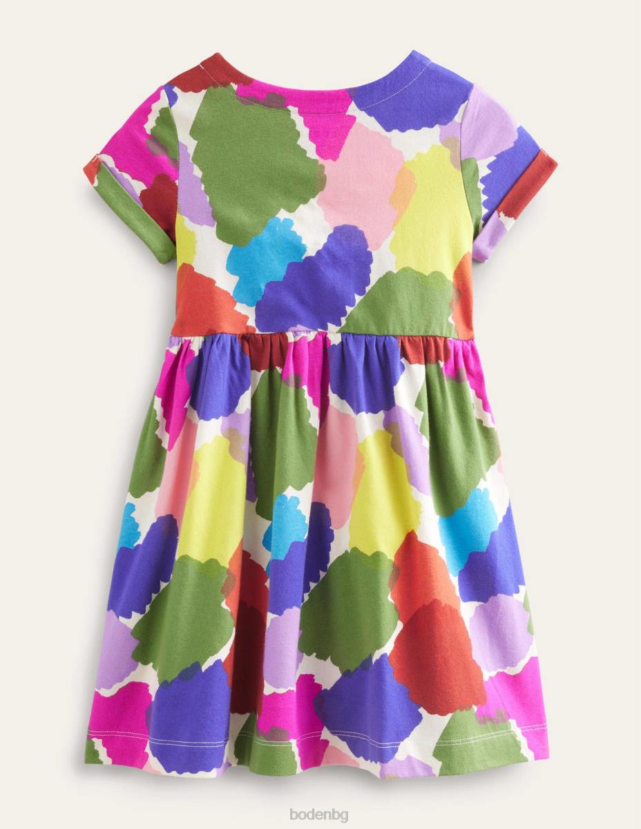 облекло Boden забавна рокля от трико с къс ръкав пластир с много боя бебе LL68350