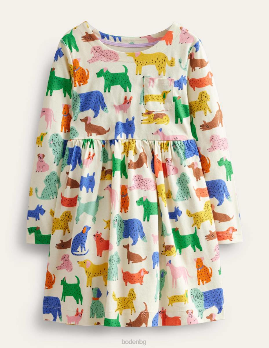 облекло Boden забавна рокля от трико с дълъг ръкав слонова кост игриви кученца бебе LL68360